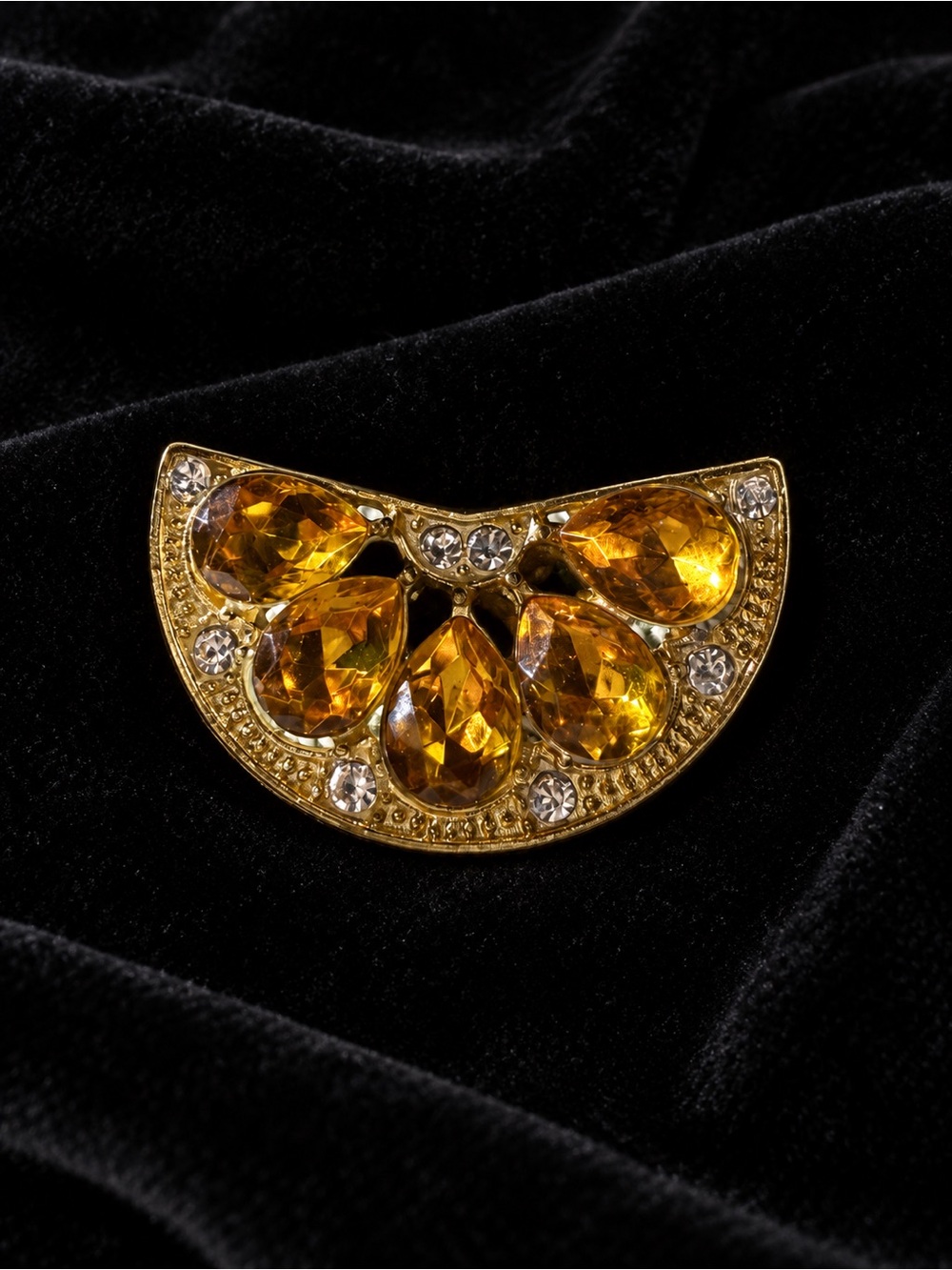 Gold and Amber Crystal Lemon Slice Brooch